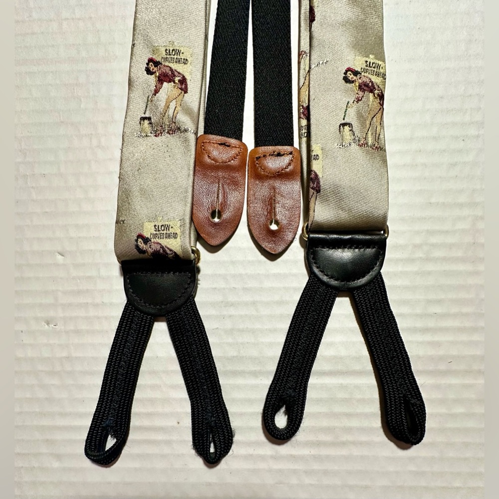 Cole Haan Suspenders Made In USA Beige Pin-up Woman Slow Curves Ahead Rare 50in. - Picture 4 of 13